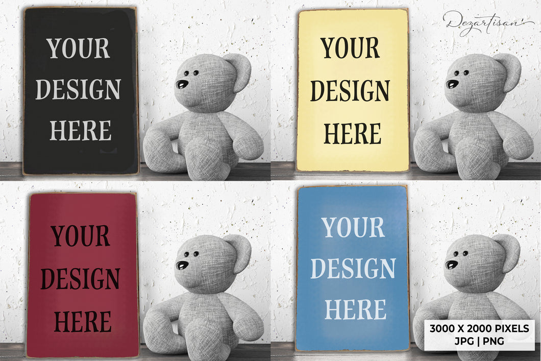 Wood Sign Mockup For Nursery With Teddy Bear Digital Design
