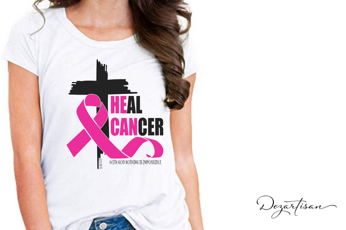 He Can Heal Cancer Awareness with cross and cancer ribbon Luke 1:37 SVG Digital Design