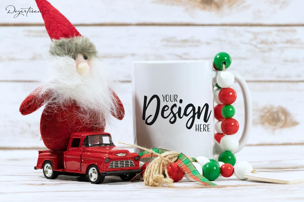Christmas Gnome and Truck Style White Mug Mockup Digital Design. PNG in 3:2 format | 3000 x 2000 Pixels | 300 DPI