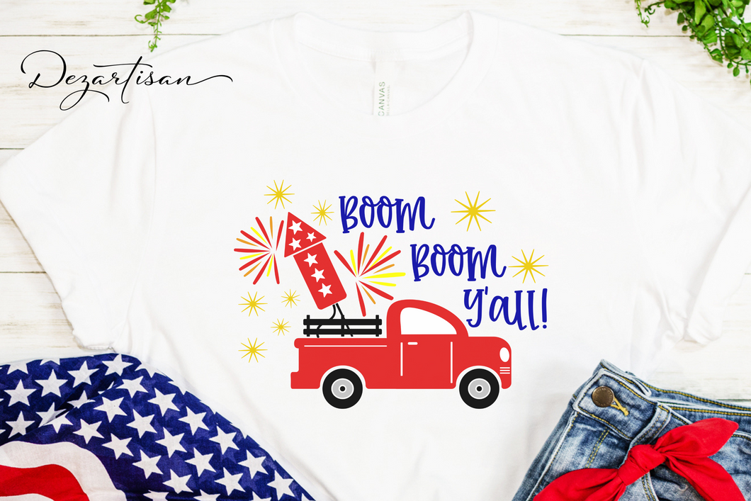 Patriotic Fourth of July Red Truck Boom Boom Boom Y'all with Fireworks SVG Digital Design