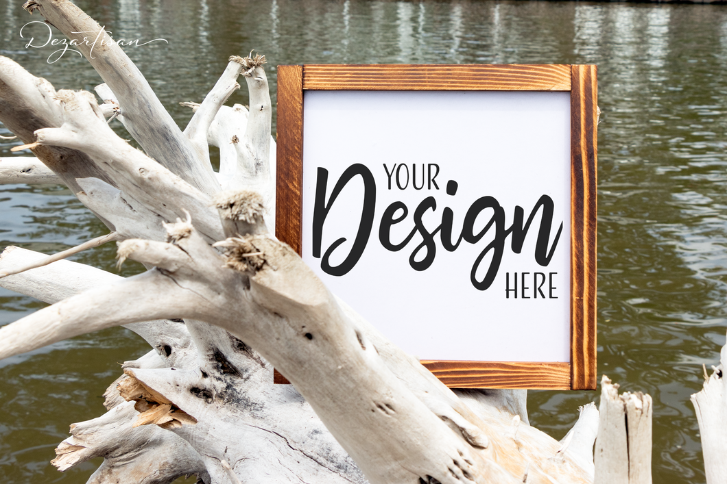 Framed Square White Wood Sign With Driftwood Nautical Mockup At Lake Digital Design. PNG in 3:2 format | 3000 x 2000 Pixels | 300 DPI