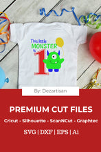 Load image into Gallery viewer, DZA0039A This Little Monster First Birthday  Premium Cut files for your Cricut or Silhouette Cutting Machines. File formats include SVG | DXF | EPS | Ai.

