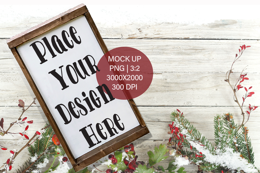 Christmas Winter Farmhouse Wood Frame Sign  PNG Mock Up Tall for small business crafters