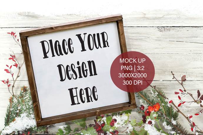 Christmas Winter Farmhouse Wood Frame Sign  PNG Mock Up Square for small business crafters