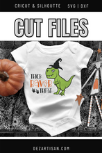 Load image into Gallery viewer, Halloween Dinosaur wearing witches hat SVG | DXF cut file for Cricut and Silhouette die cutting machines. 
